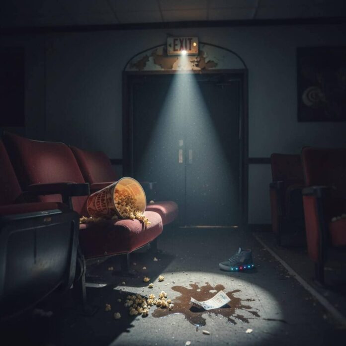 Abandoned cinema with spilled popcorn and glowing sneaker.