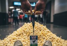 Showtime Secrets: How to Get Free Popcorn & VIP Perks Greasy hands, VIP lanyard, popcorn, butter, sneakers.