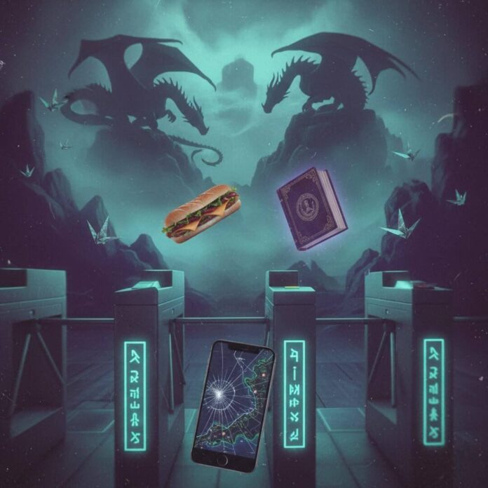 Rune-etched turnstile, dragon roost, cheesesteak, spellbook, iPhone, origami phoenixes.